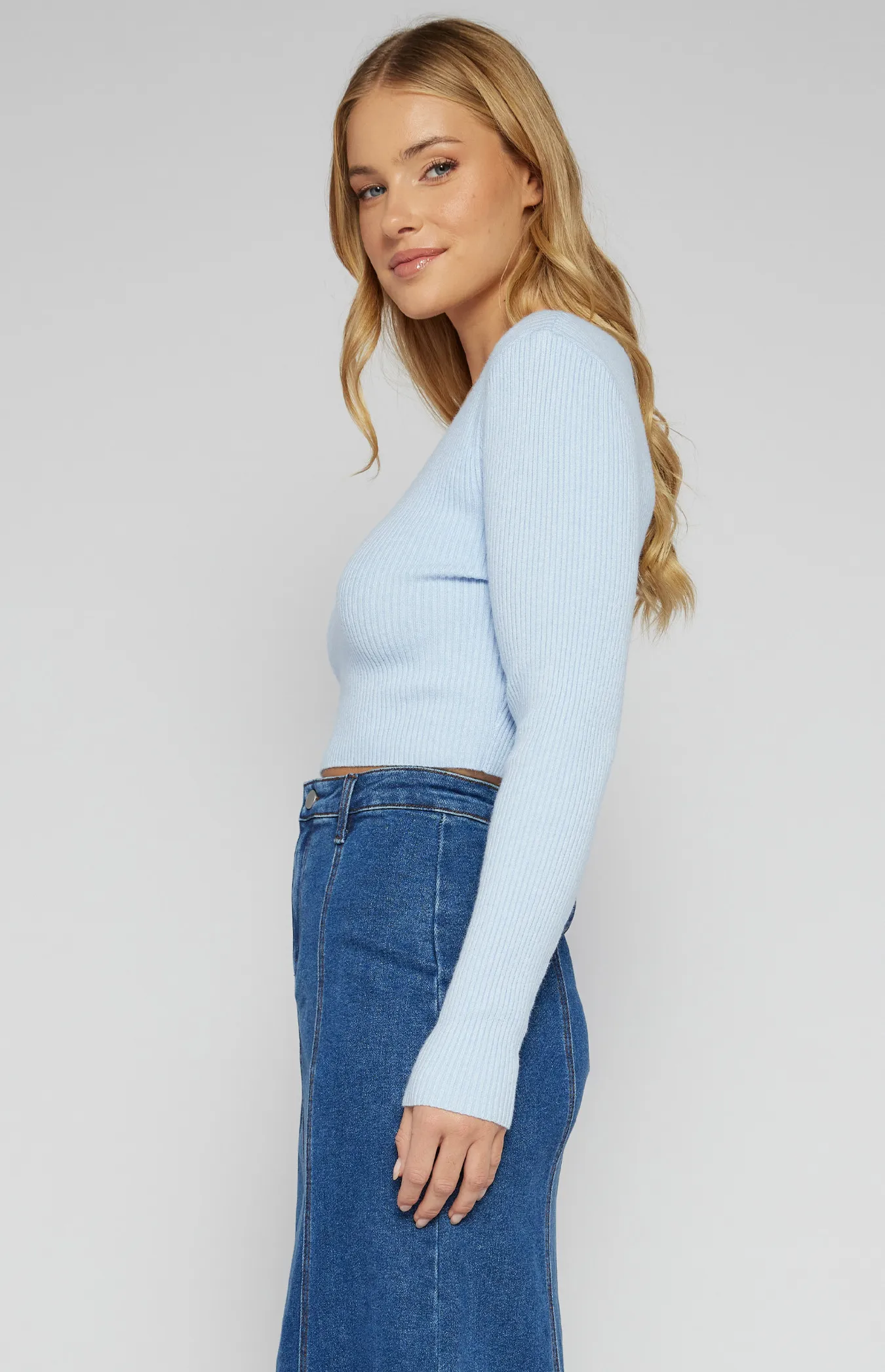 V Neck Long Sleeve Ribbed Knit Top (SKN795) 