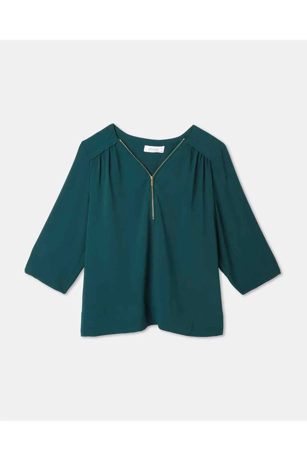 V-Neck Zipper Blouse - Green