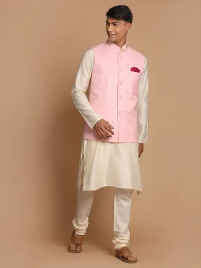 VASTRAMAY Men's Cream Cotton Kurta, Checkered Royal Linen Nehru Jacket and Pyjama Set