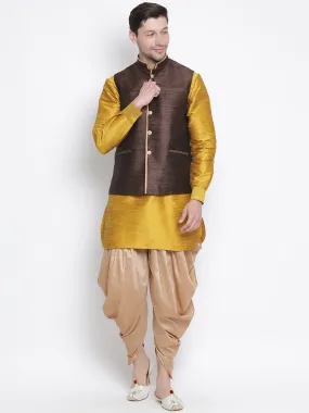 VASTRAMAY Men's Yellow Cotton Silk Blend Ethnic Jacket, Kurta and Dhoti Pant Set