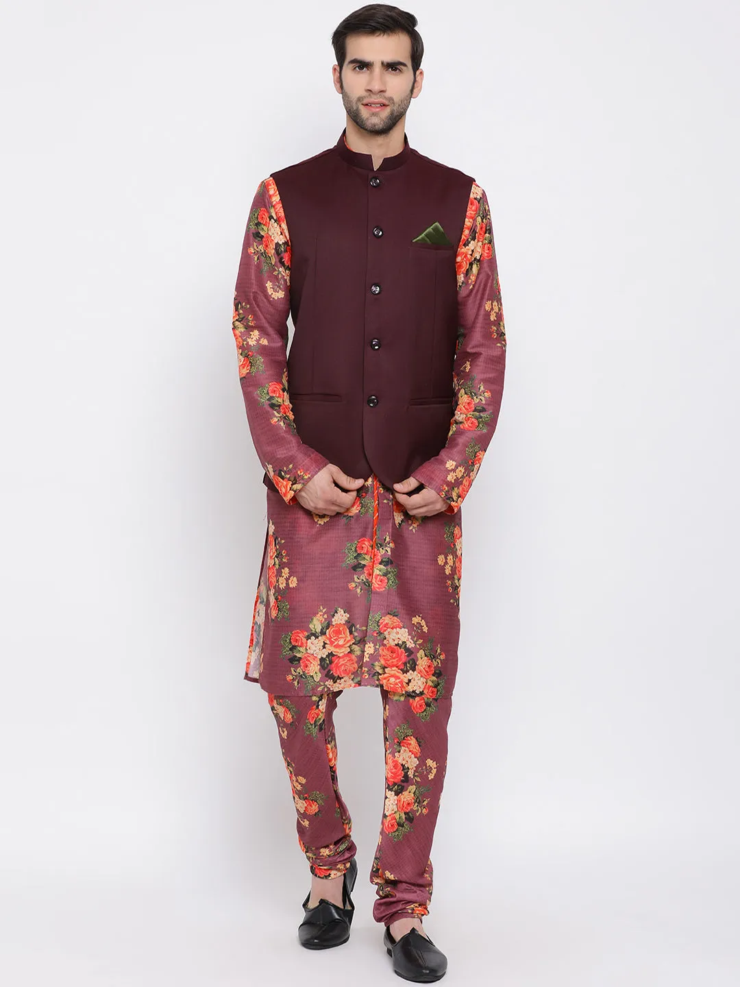 Vastramay Multicolored-Base-Purple Baap Beta Jacket Kurta Pyjama set