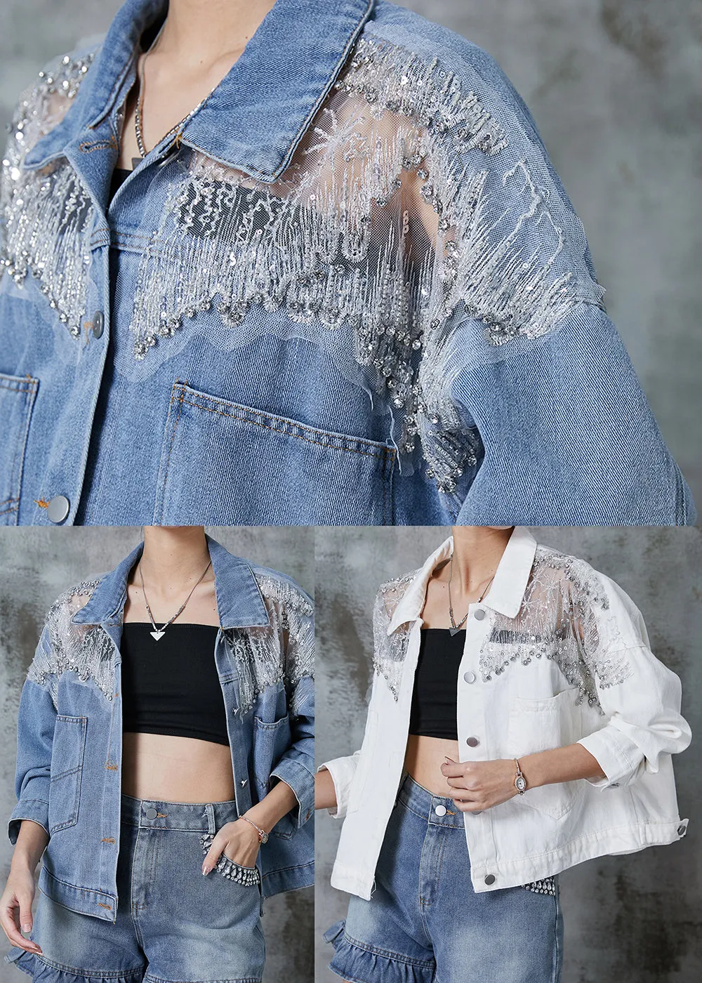 White Patchwork Tulle Denim Jacket Zircon Spring