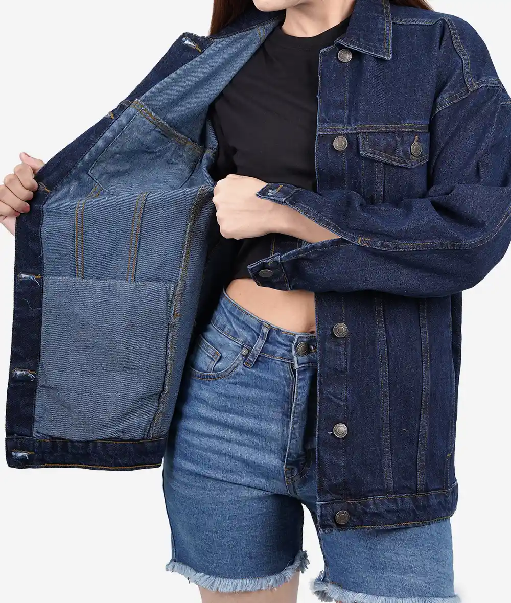 Women's Oversized Dark Blue Denim Jacket - Button Closure