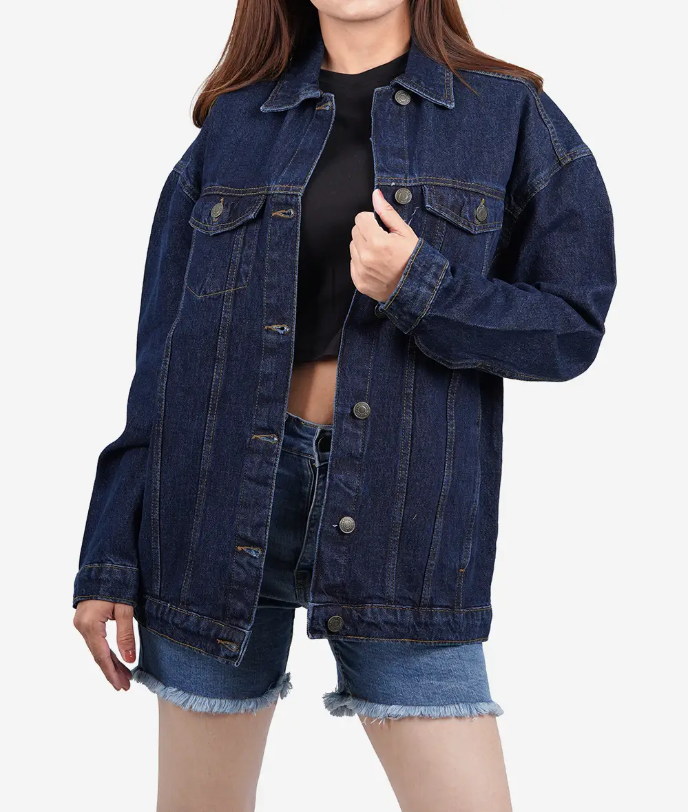 Women's Oversized Dark Blue Denim Jacket - Button Closure