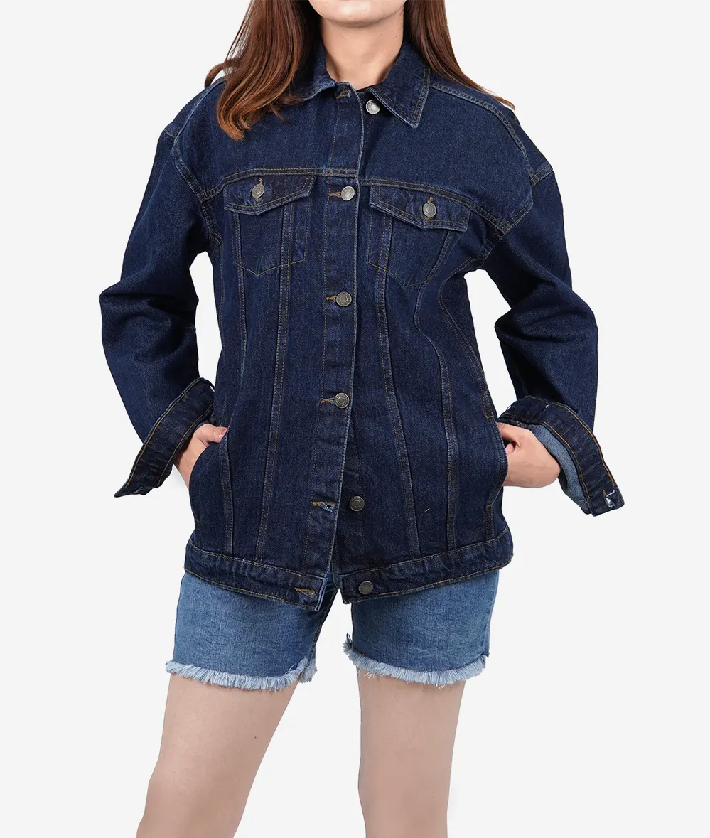 Women's Oversized Dark Blue Denim Jacket - Button Closure