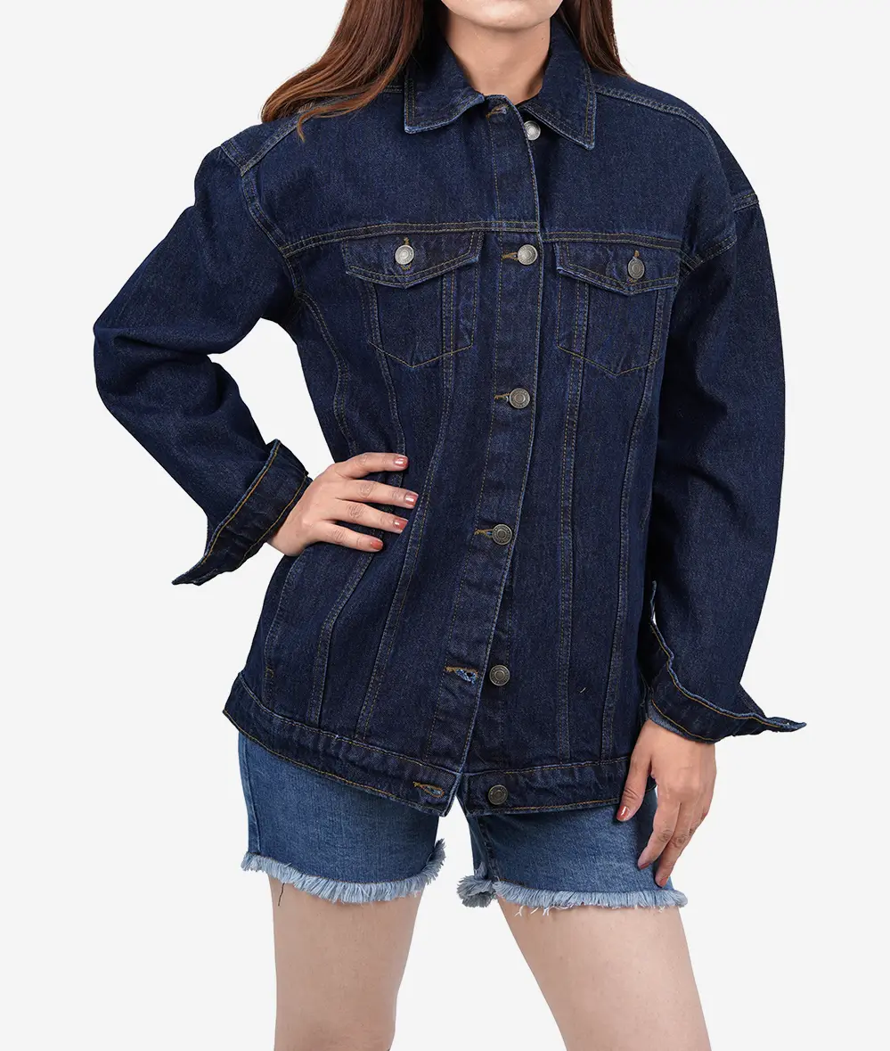 Women's Oversized Dark Blue Denim Jacket - Button Closure