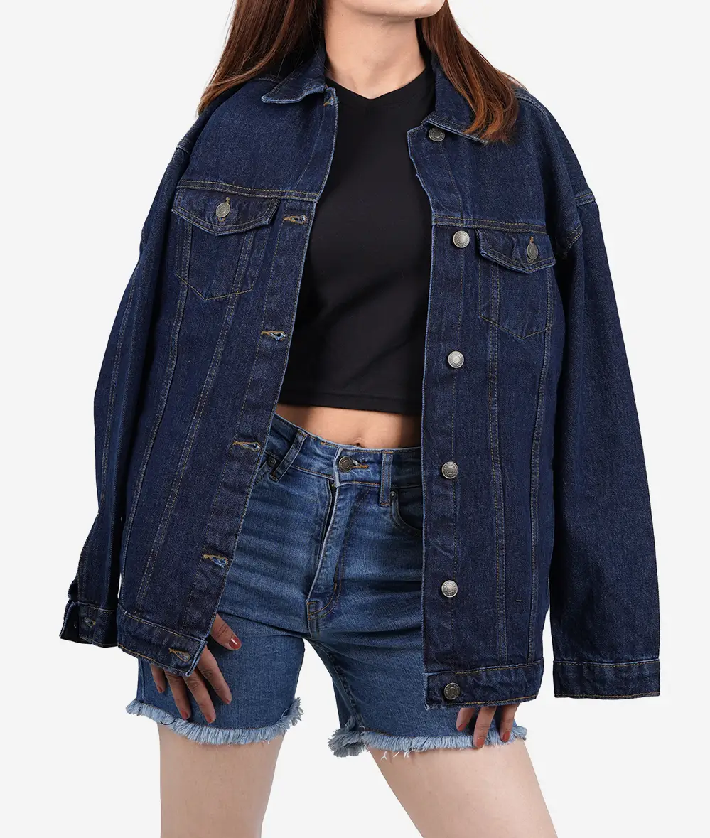 Women's Oversized Dark Blue Denim Jacket - Button Closure