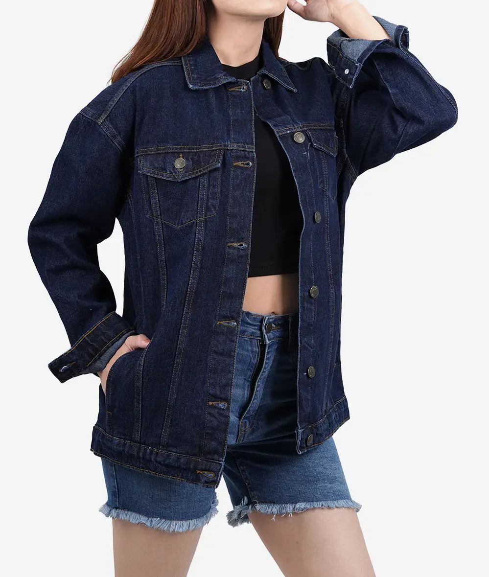 Women's Oversized Dark Blue Denim Jacket - Button Closure