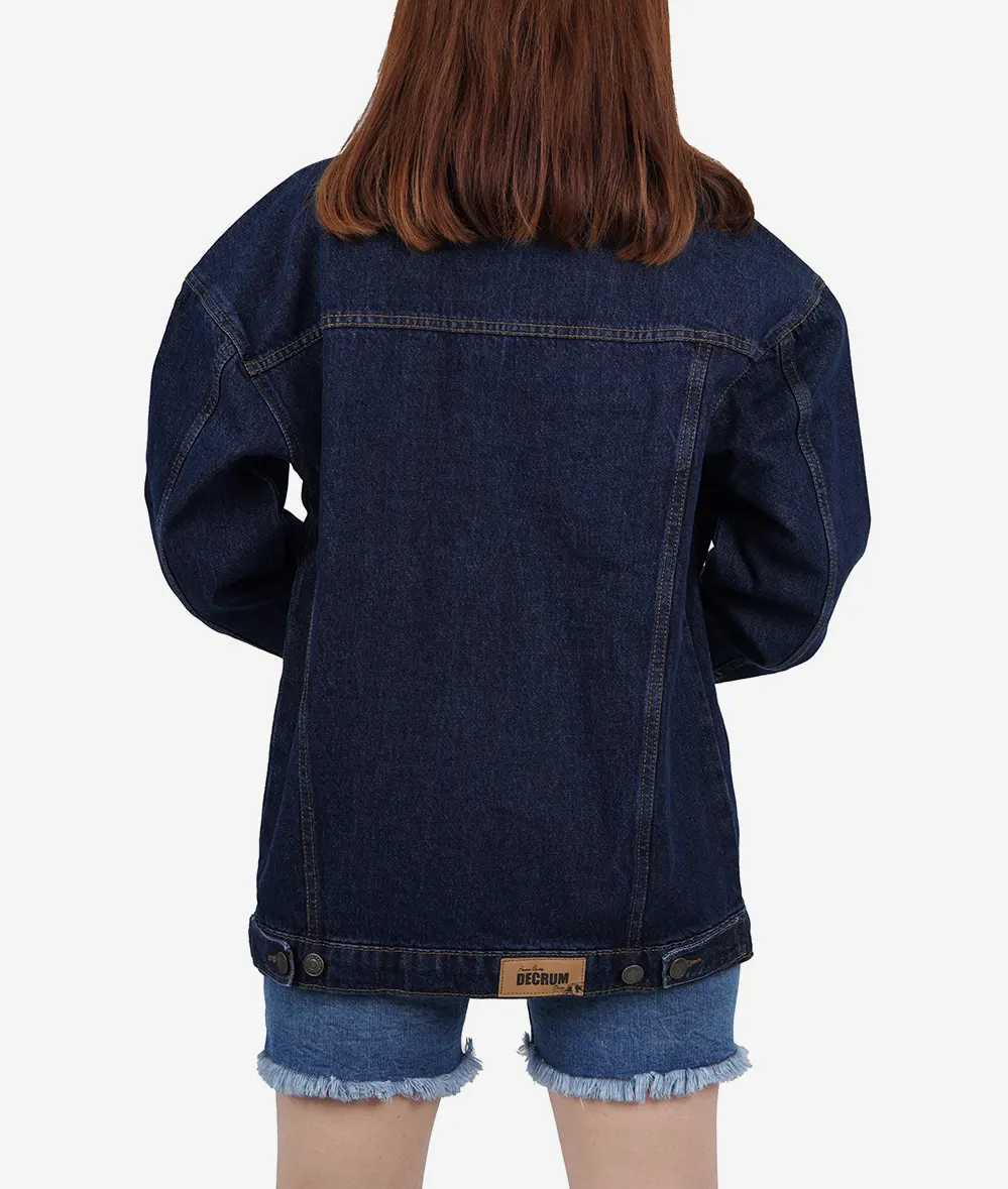 Women's Oversized Dark Blue Denim Jacket - Button Closure