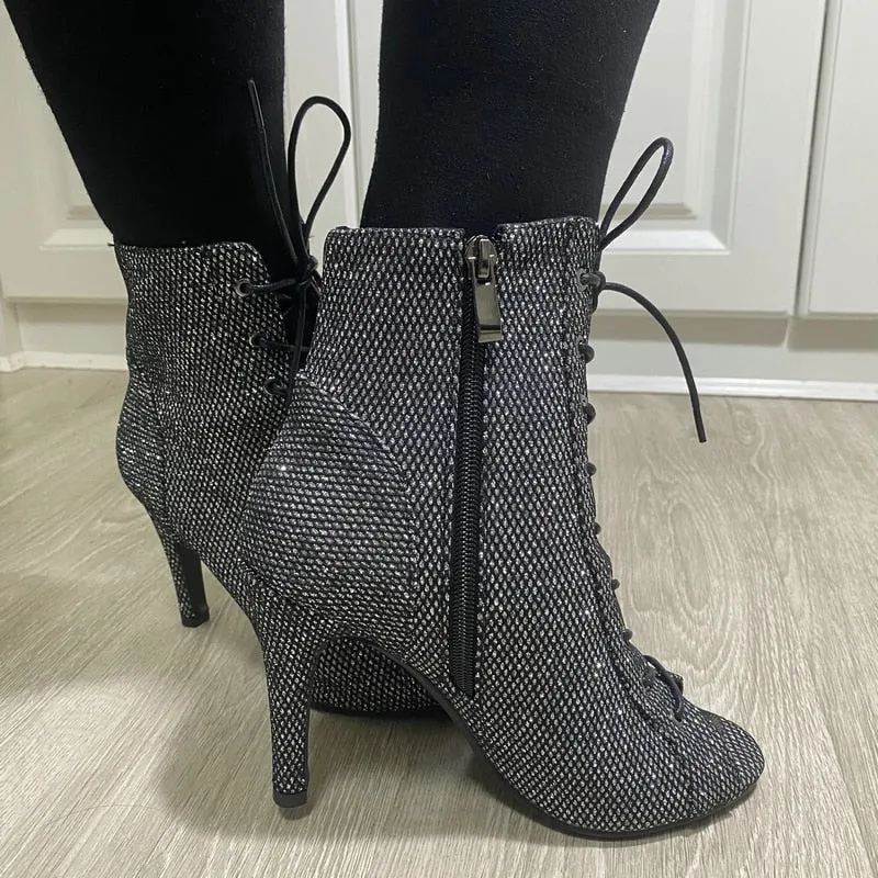 Women's Black Shiny High Heel Peep Toe Gladiator Indoor Dance Boots