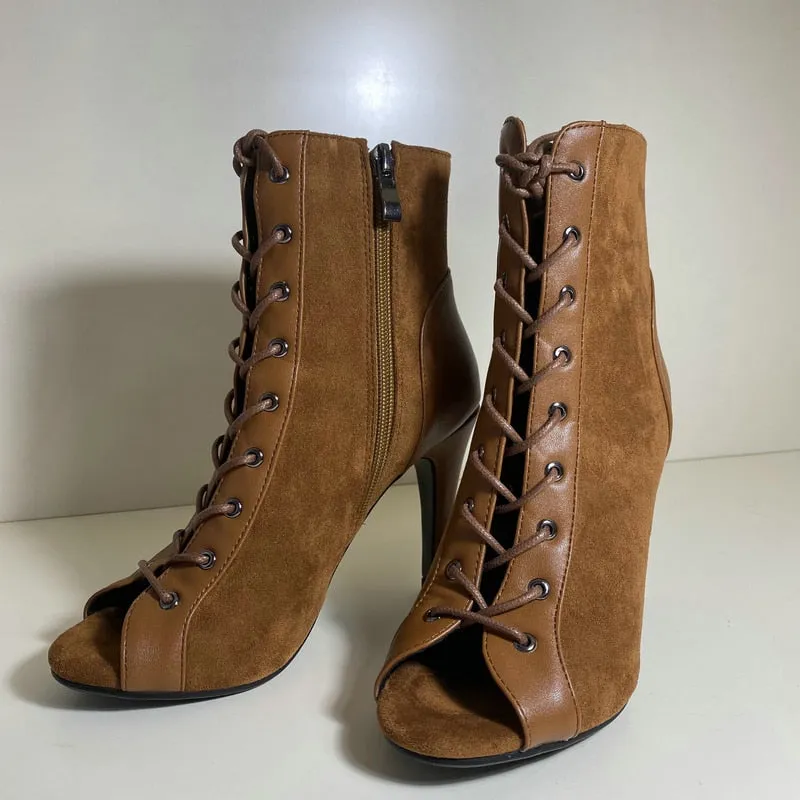 Women's Brown Fashion High Heel Peep Toe Gladiator Indoor Dance Boots