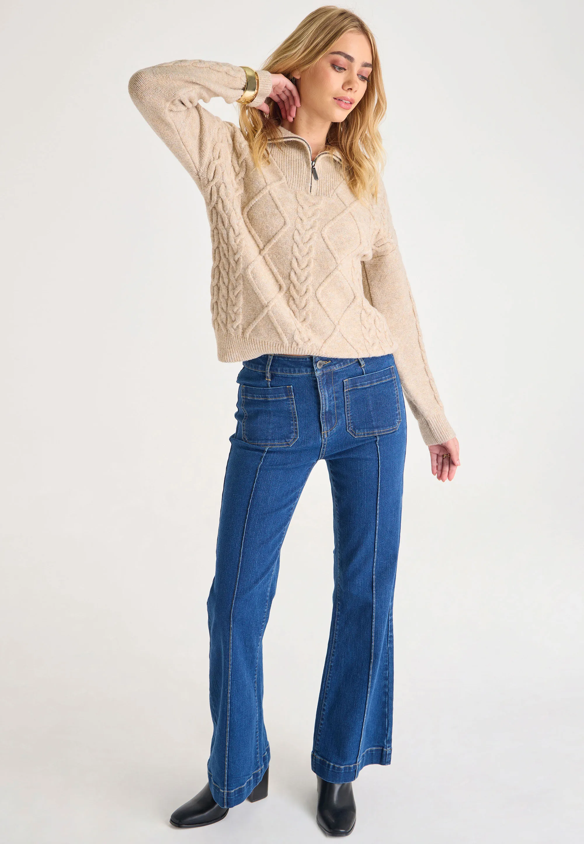 Womens Camel Cable Knit Zip Jumper