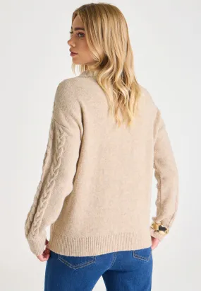 Womens Camel Cable Knit Zip Jumper