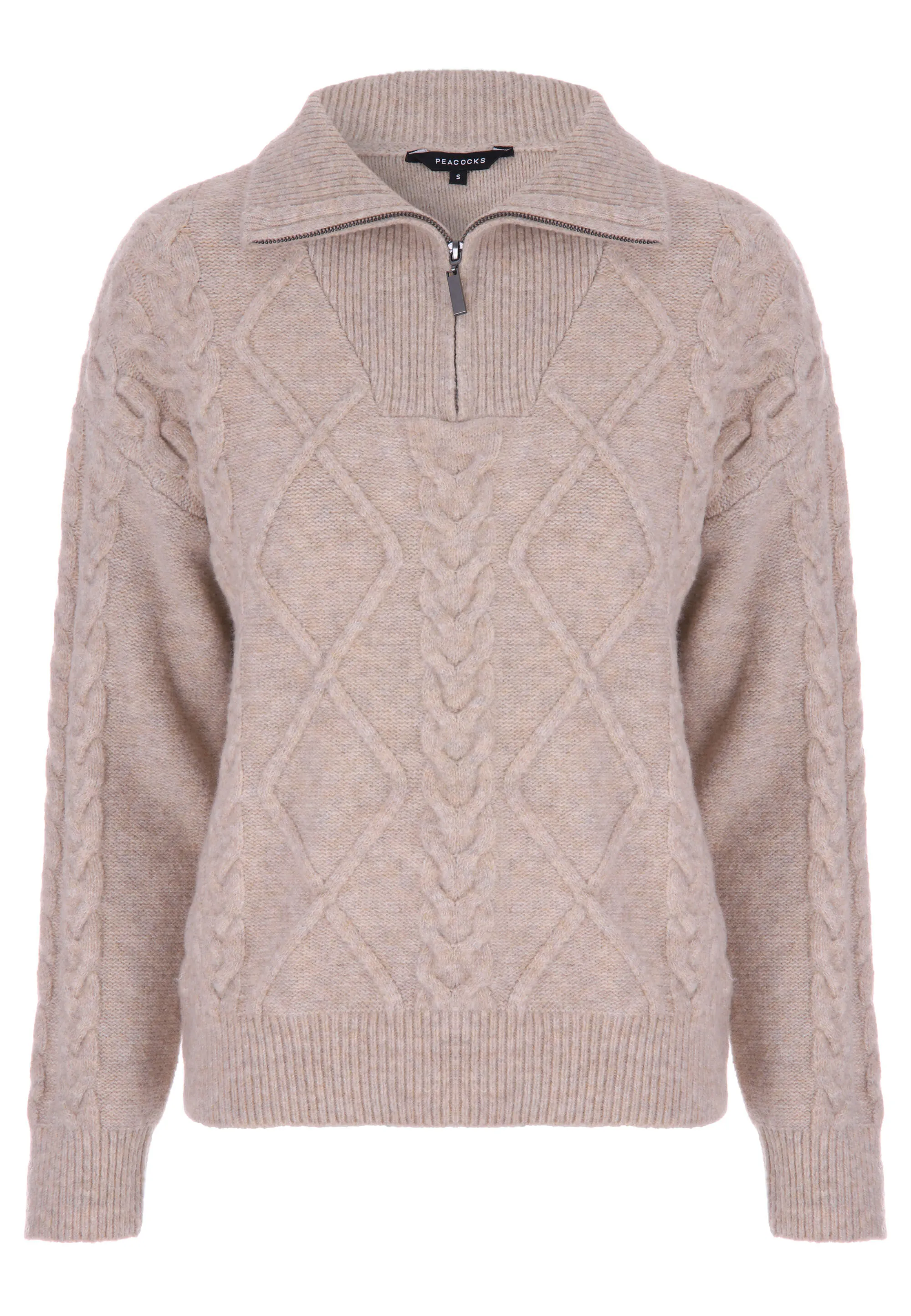 Womens Camel Cable Knit Zip Jumper