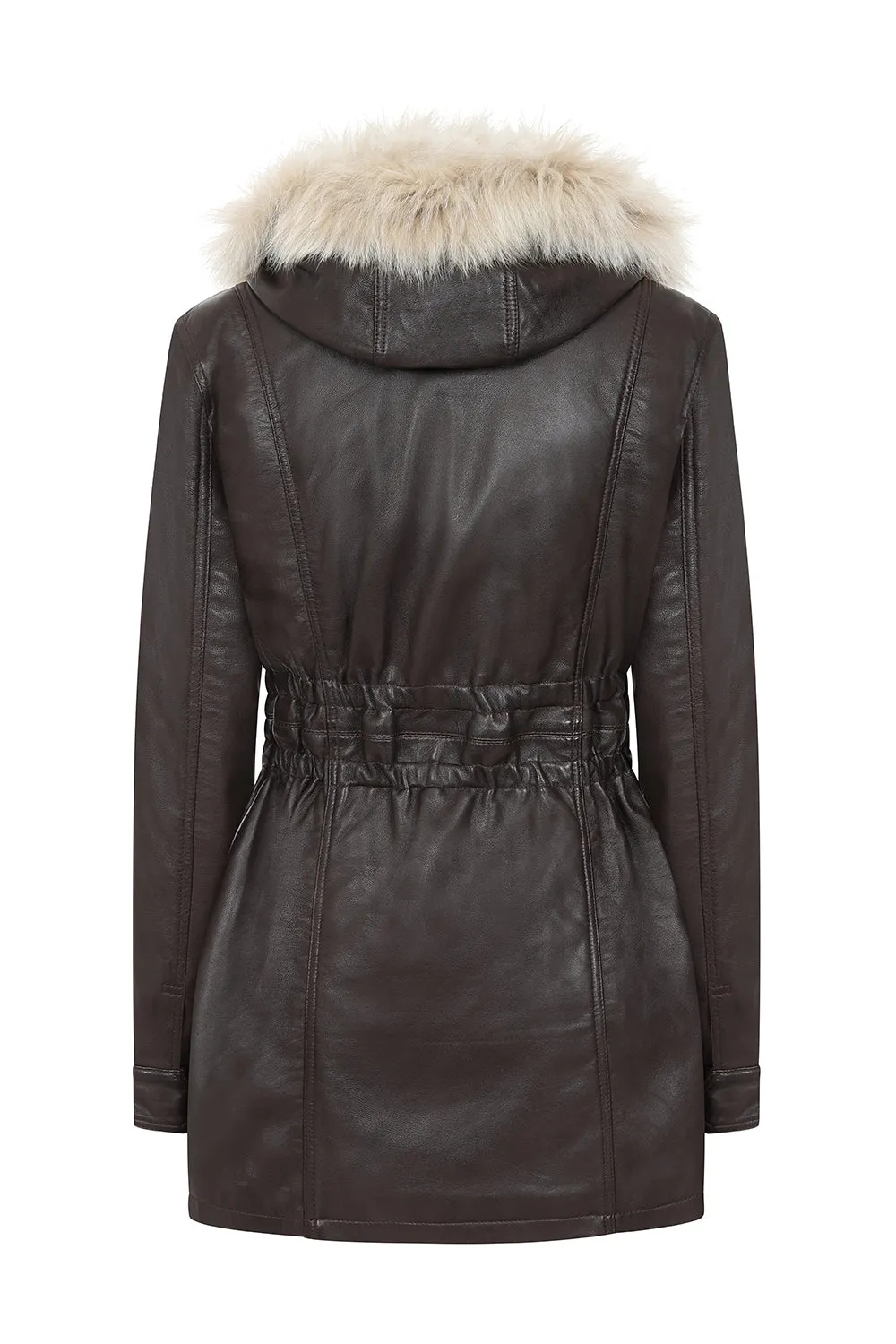 Women's Detachable Fur Trimmed Hood Brown Real Leather Jacket Coat - 'BARBARA'