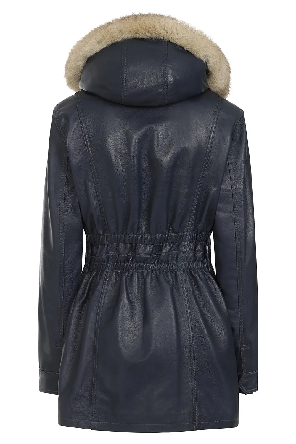 Women's Detachable Fur Trimmed Hood Navy 'Sky' Blue Leather Jacket Coat - 'BARBARA'