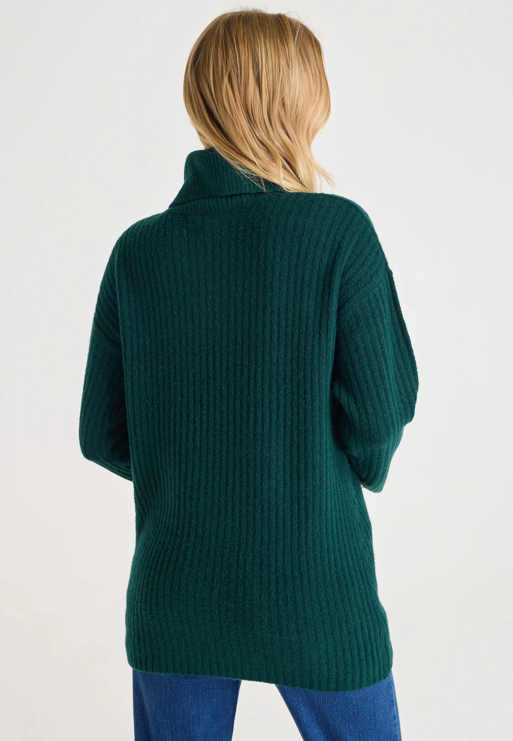 Womens Green Plain Roll Neck Tunic Jumper