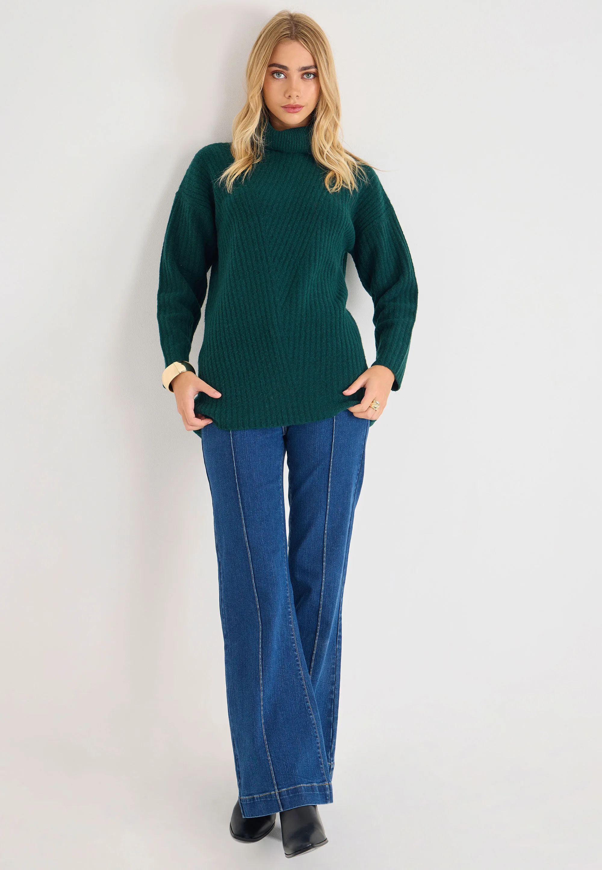 Womens Green Plain Roll Neck Tunic Jumper