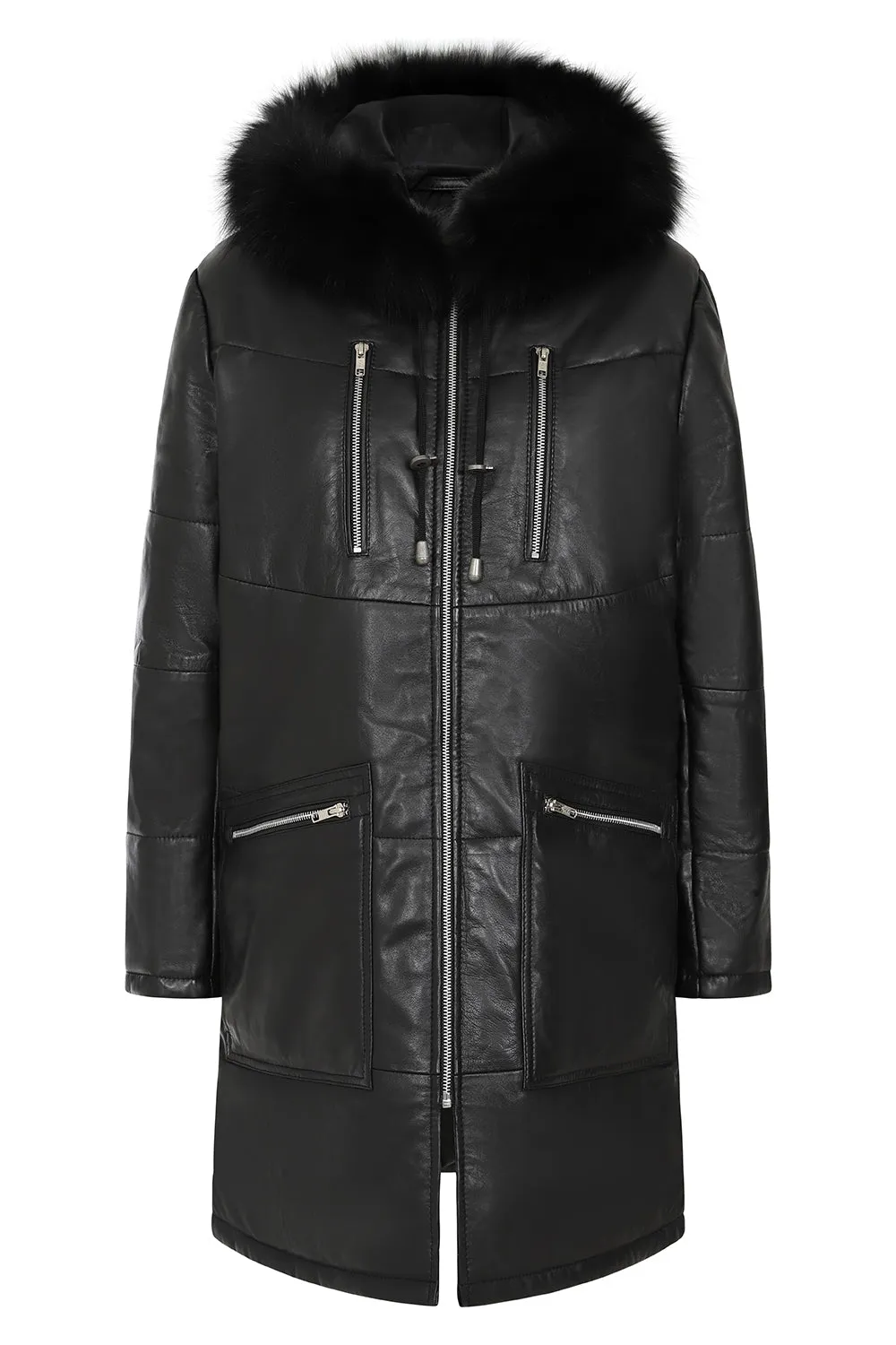 Womens Leather  Length Coat with Fur Trimmed Hood - Elegance Meets Comfort - MARIA