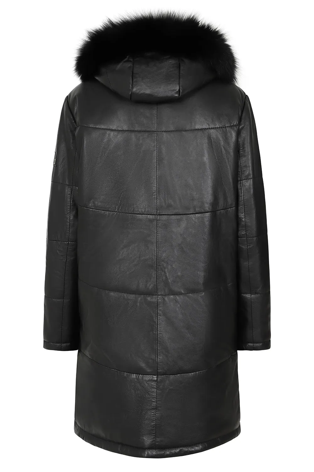 Womens Leather  Length Coat with Fur Trimmed Hood - Elegance Meets Comfort - MARIA