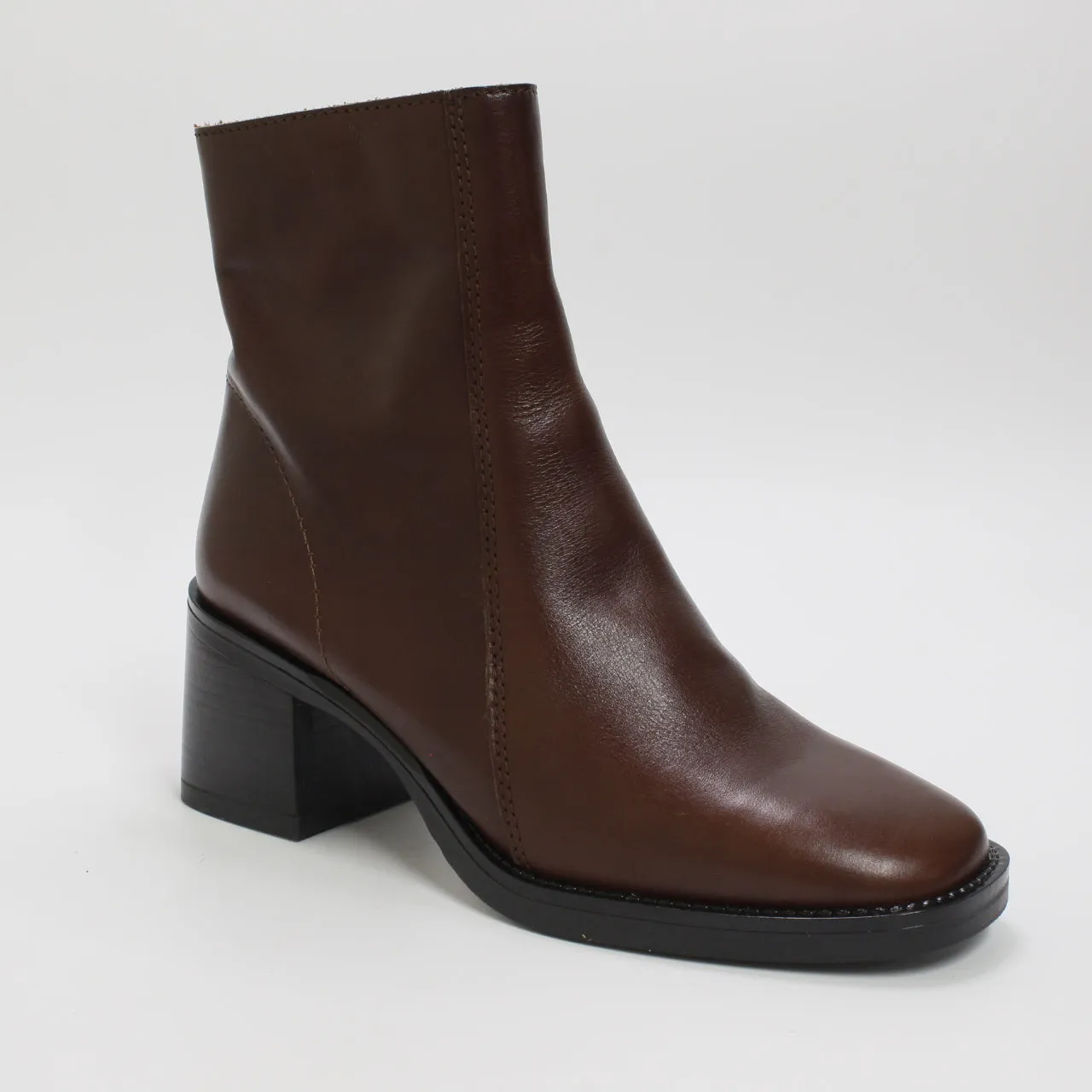 Womens Office Annabella Square Toe Leather Block Heel Boots Brown Leather