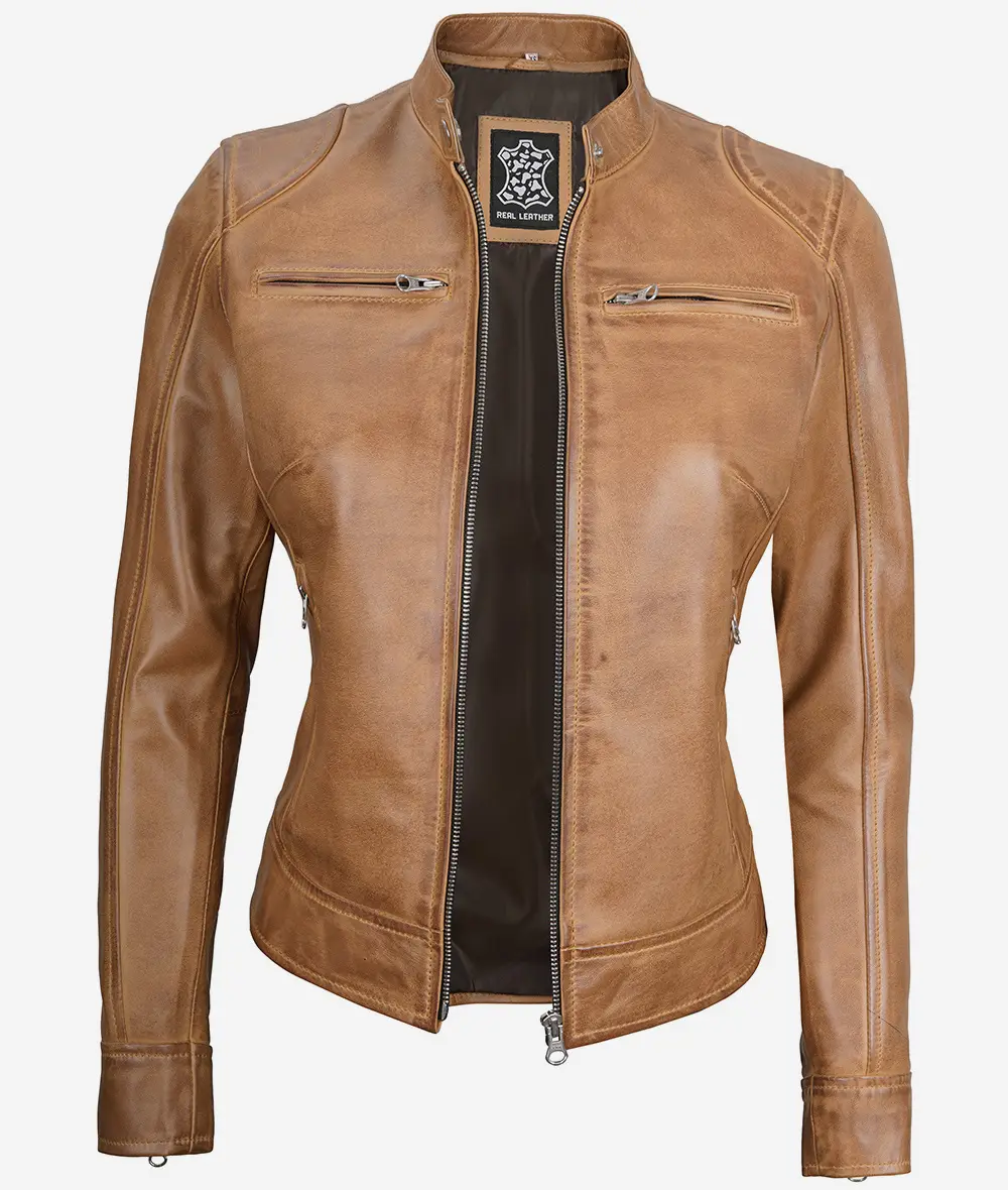 Womens Real Leather Camel Moto Jacket