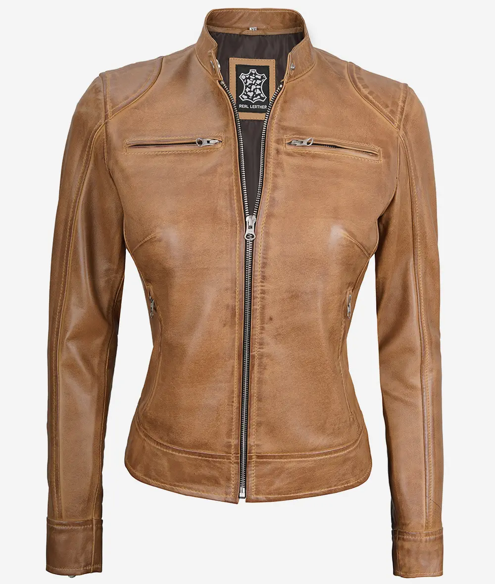 Womens Real Leather Camel Moto Jacket