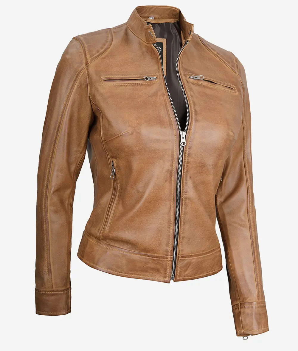 Womens Real Leather Camel Moto Jacket