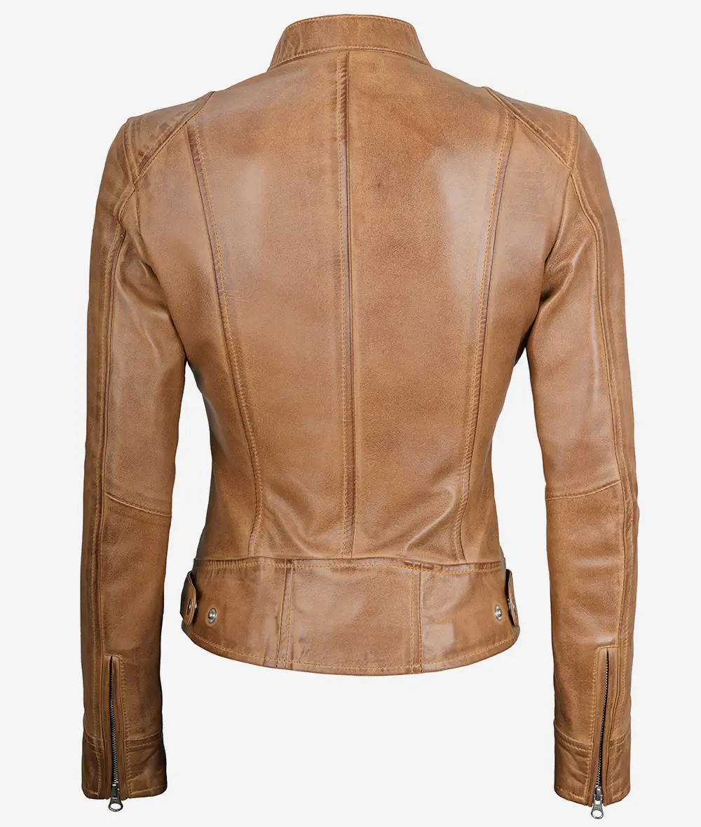 Womens Real Leather Camel Moto Jacket