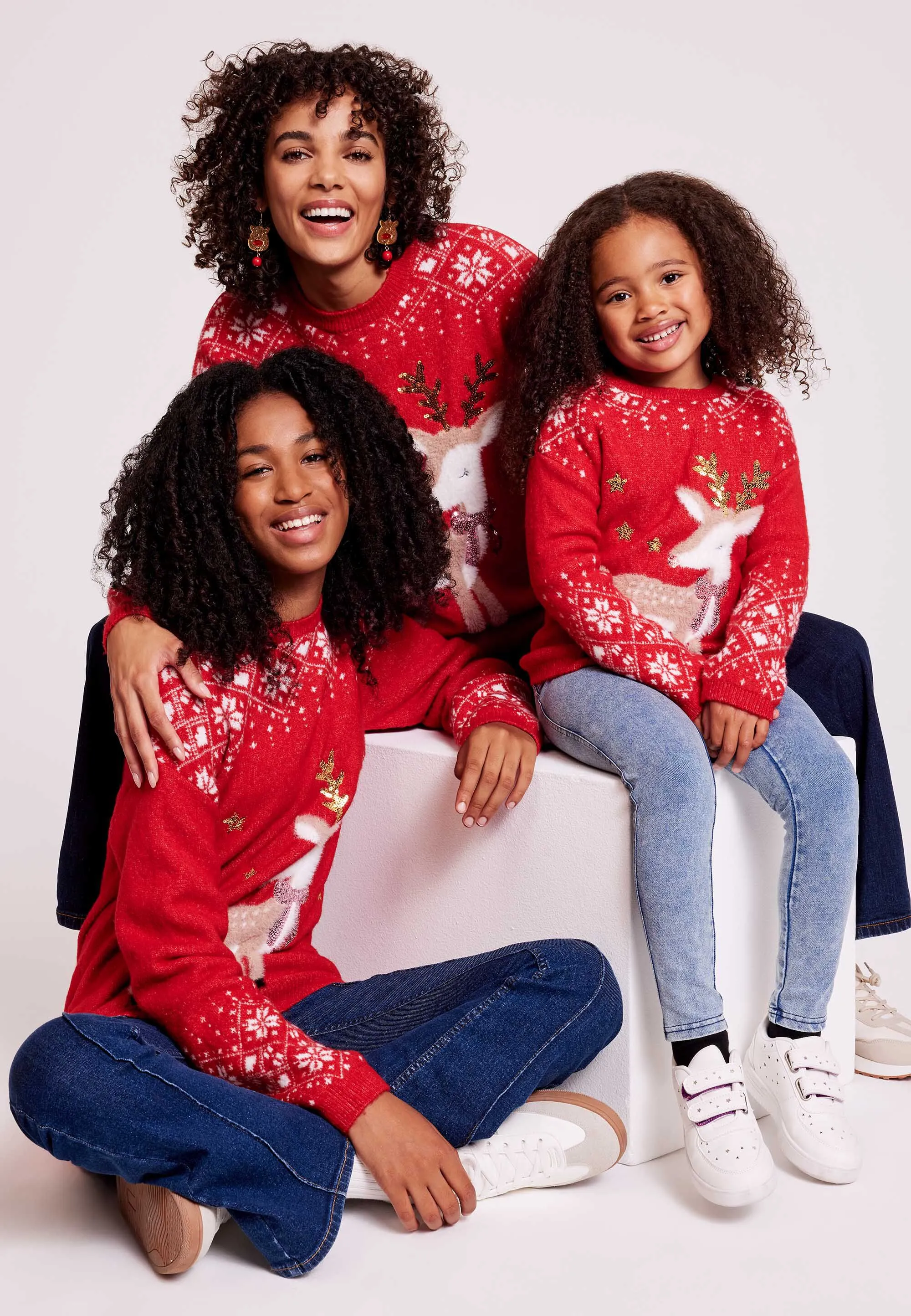 Womens Red Reindeer Christmas Family Jumper