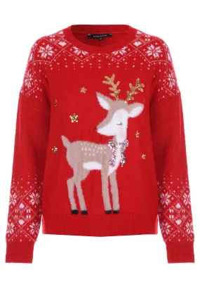 Womens Red Reindeer Christmas Family Jumper