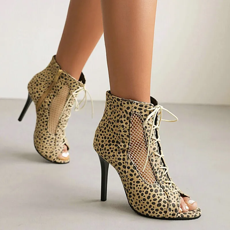 Women's Sexy Fashion Leopard Open-Toe Gladiator Zipper High Heels Boots