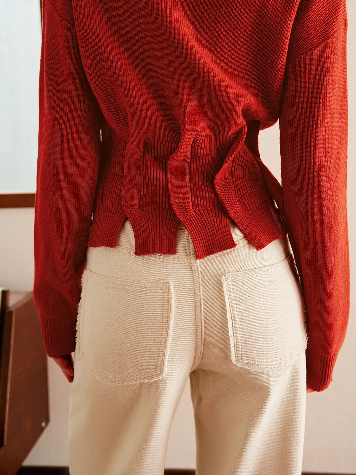 Wool-Blend Pleated Design Sweater