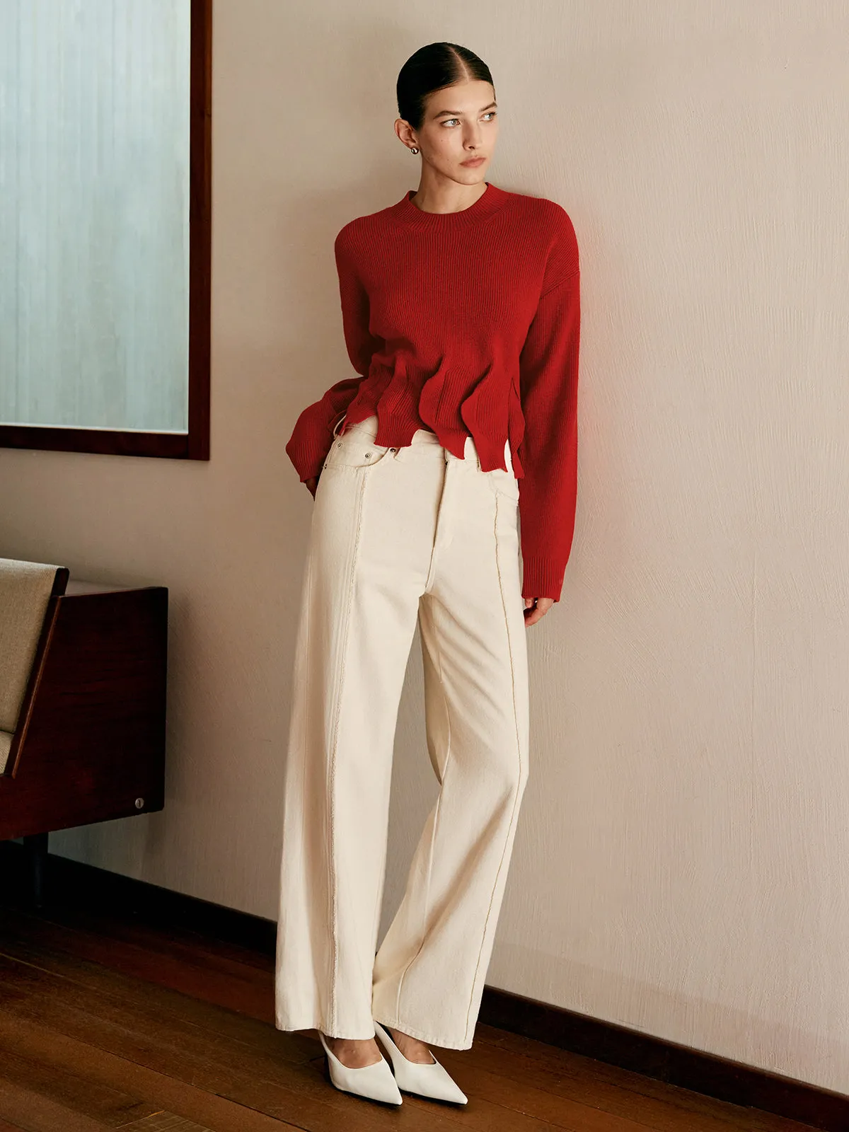 Wool-Blend Pleated Design Sweater