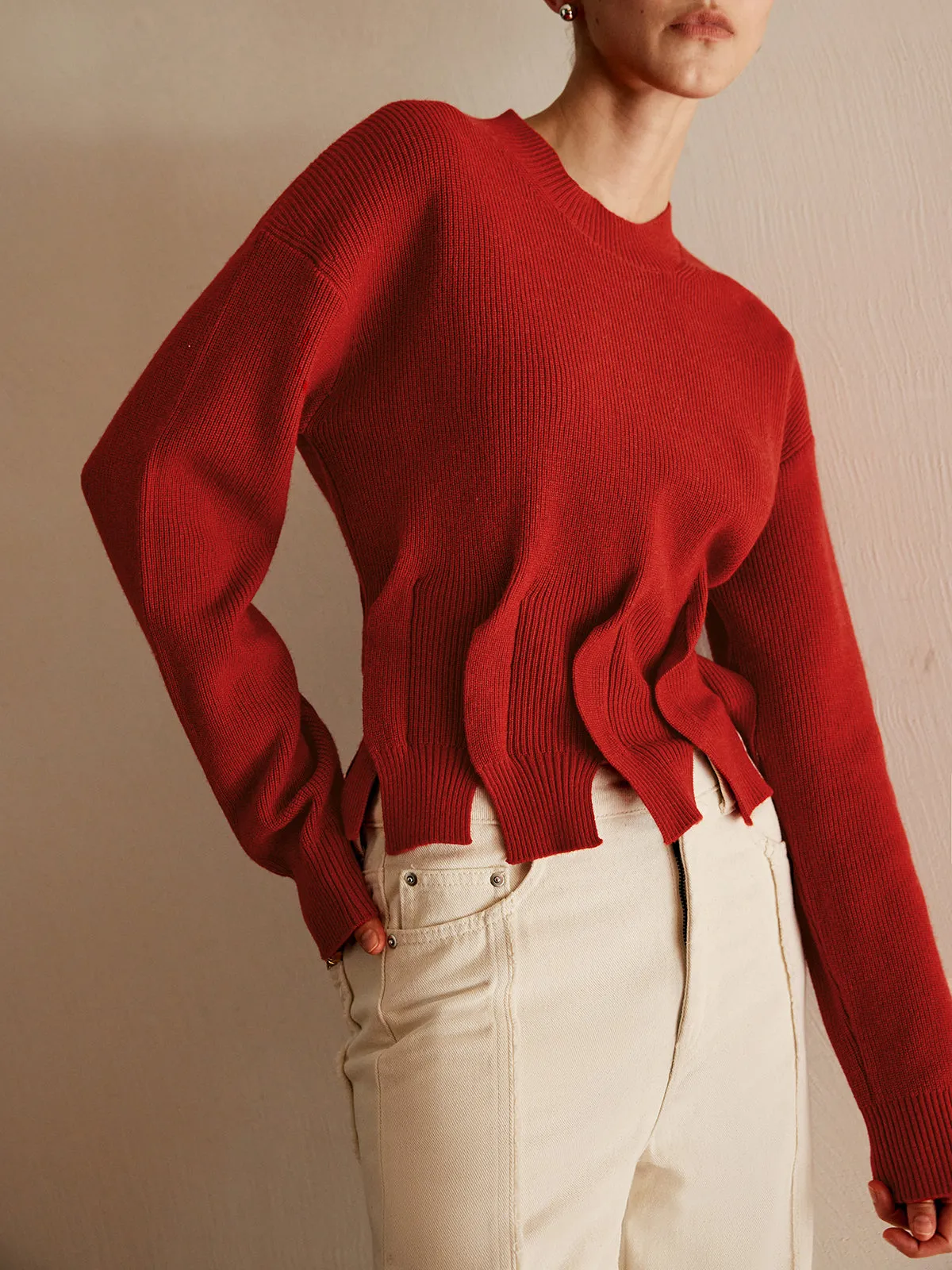 Wool-Blend Pleated Design Sweater