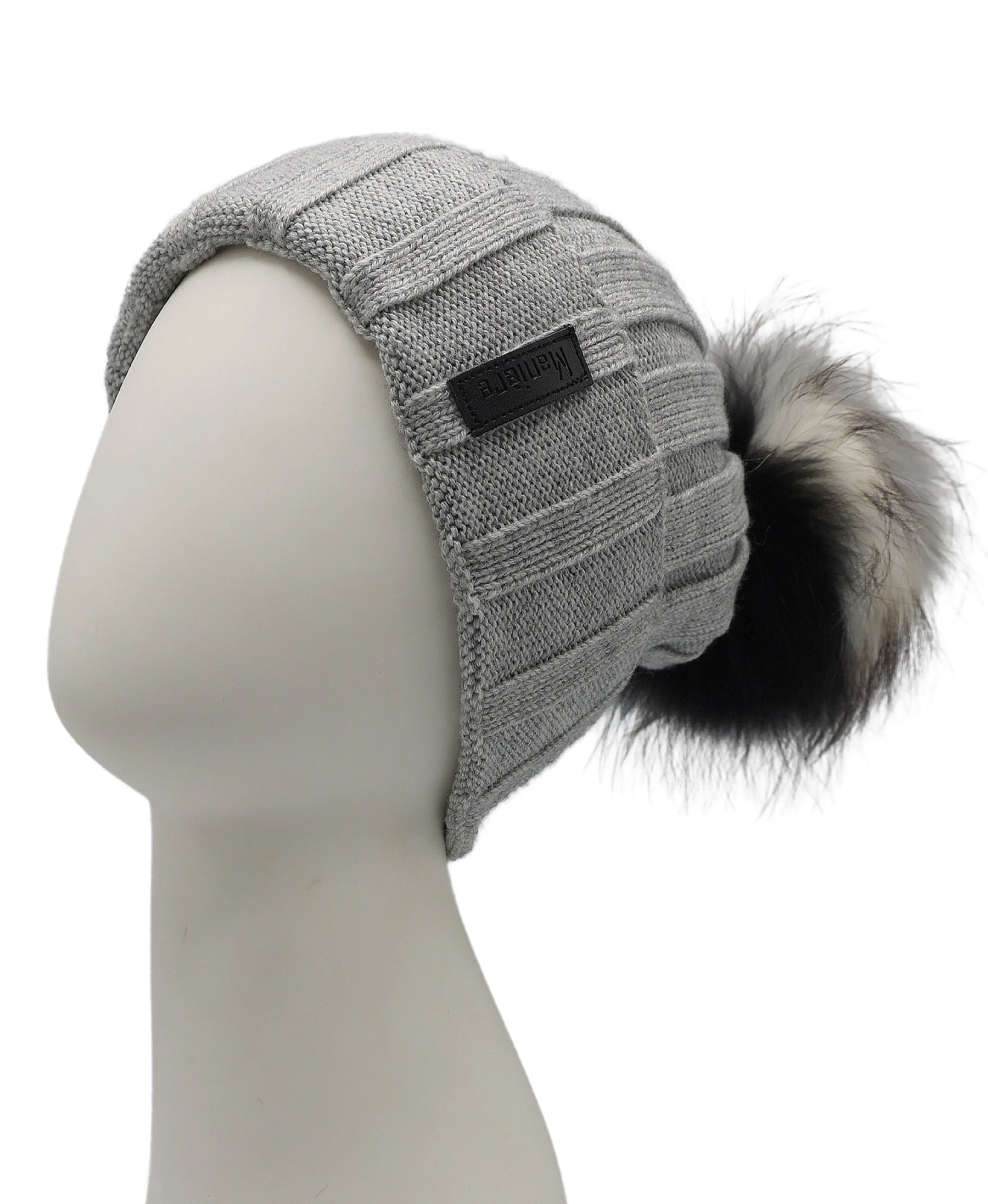 Wool Ribbed Knit Hat w/ Fur Pom